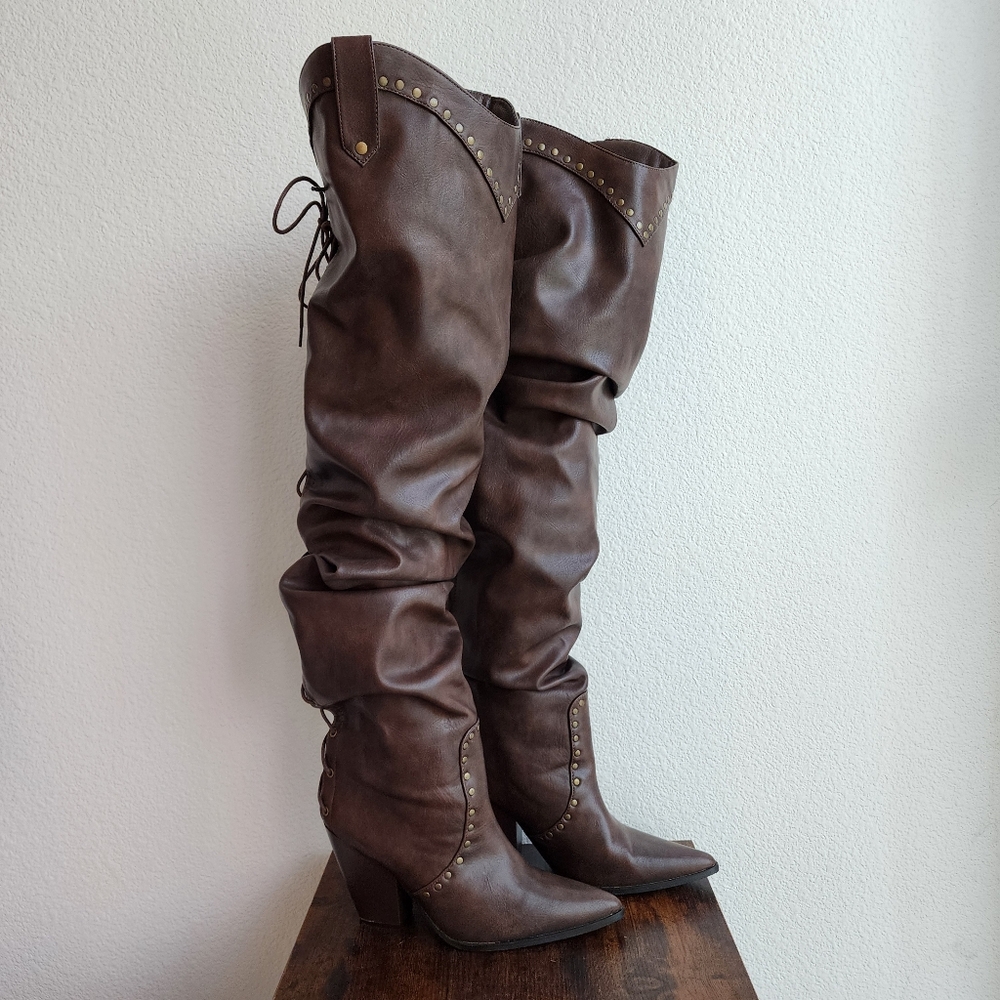 Brown Over-the-Knee Thigh High Boots With Studded Details